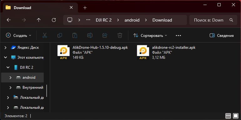 Папка Download на пульте с установщиком и AlikDrone Hub